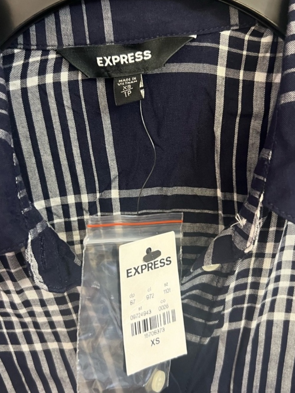 EXPRESS Button-Front Navy & White Plaid Shirt Dress - Picture 5 of 6